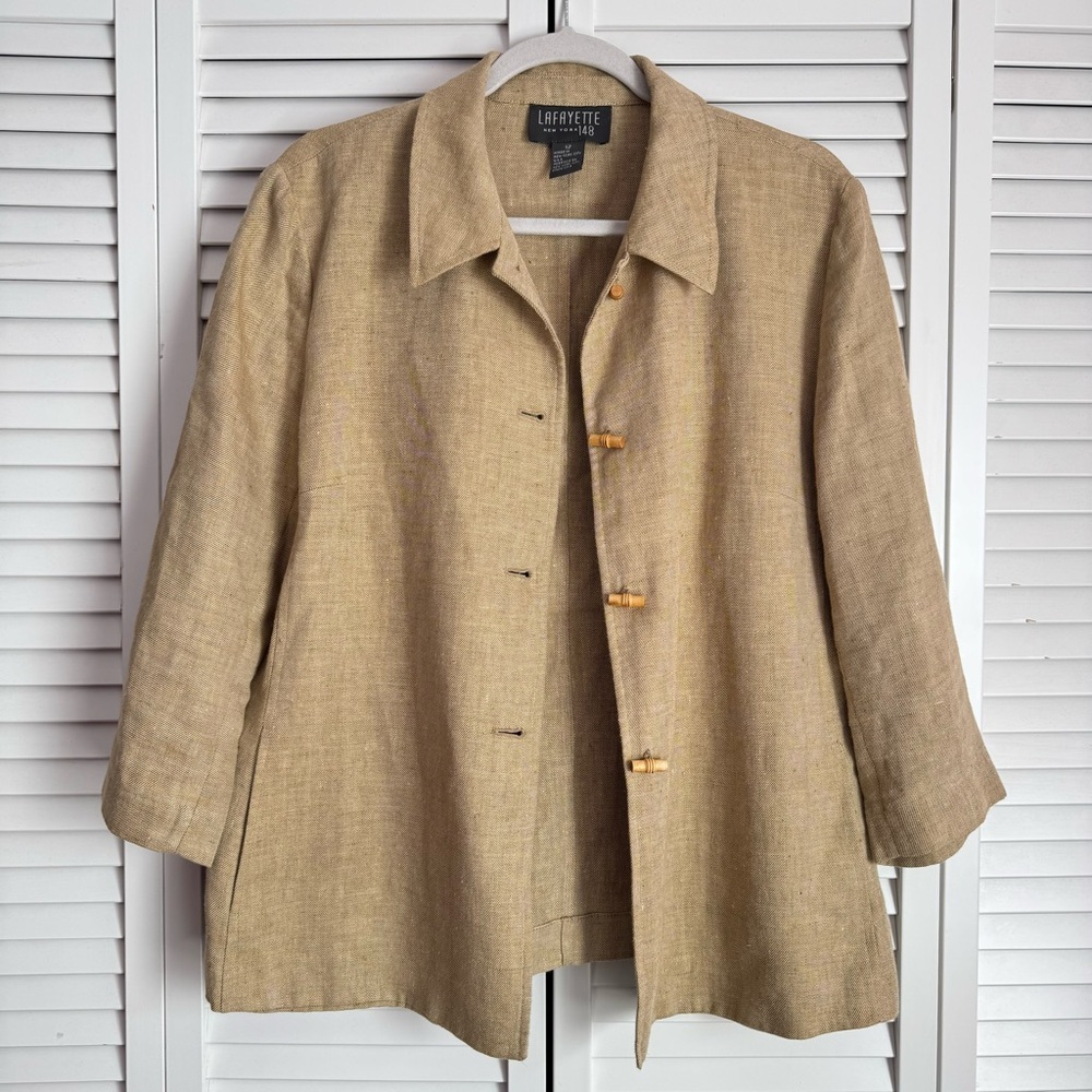Lafayette 148 New York Linen Wooden Toggle Button Blazer Jacket Tan Beige 12 - Picture 2 of 11